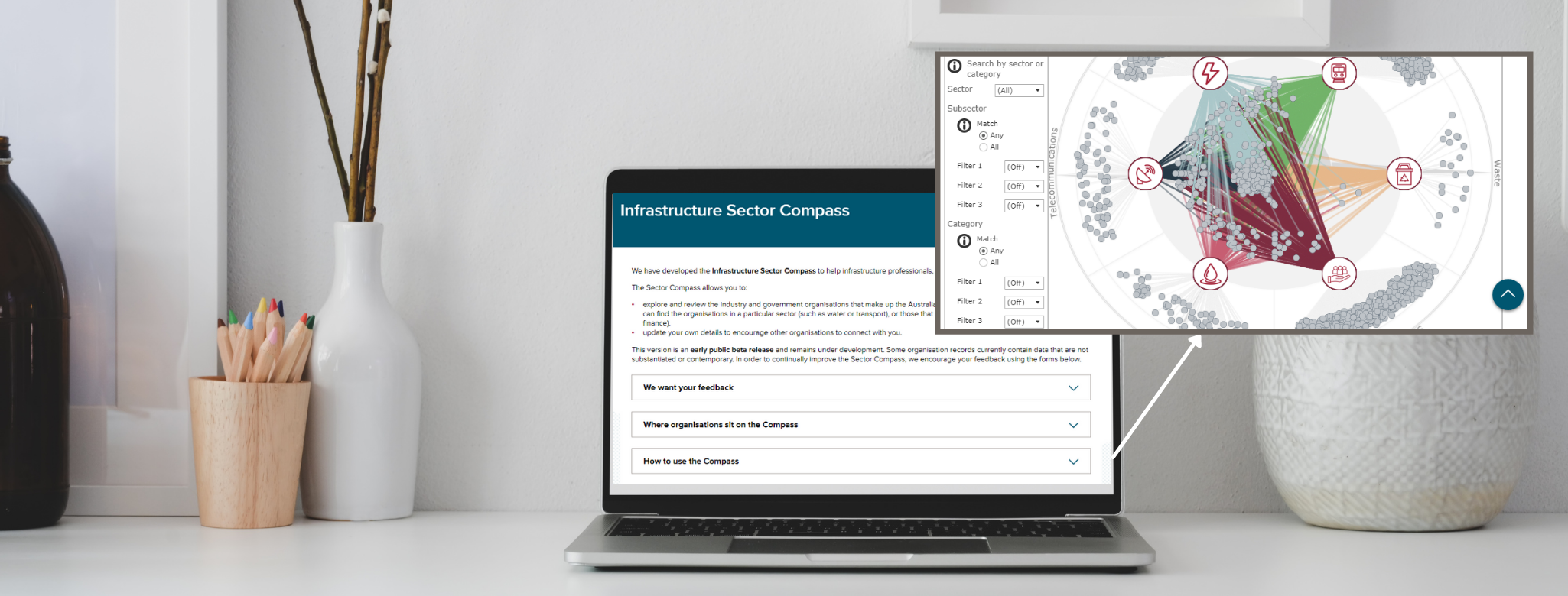 A laptop showing the Infrastructure Sector Compass web tool