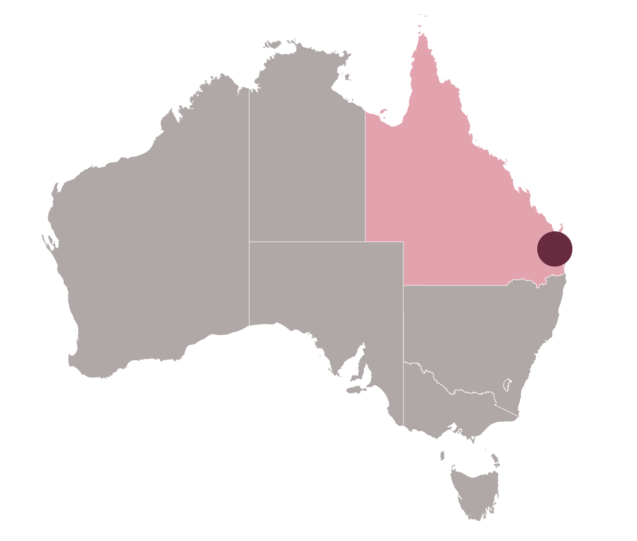 A graphic of the Australian continent with Qld state shaded and small dot representing Brisbane..