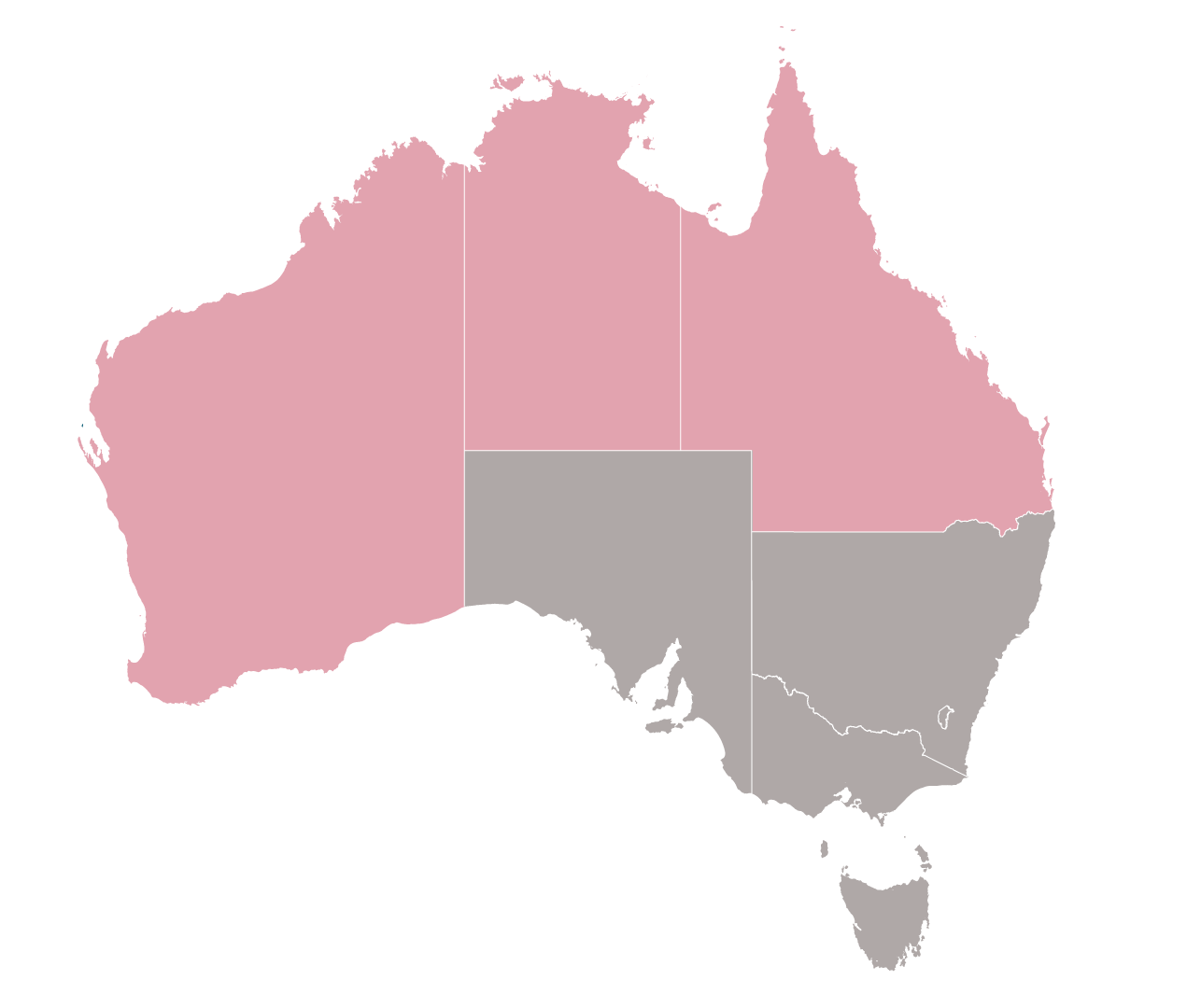A graphic of the Australian continent. WA, NT, Qld stares shaded.