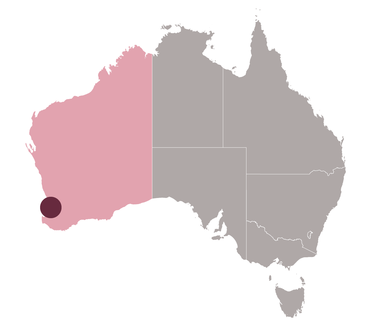 A graphic of the Australian continent with WA state shaded and small dot representing South West.