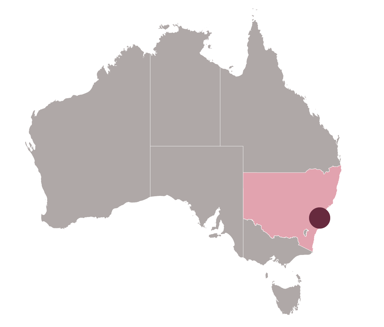 A graphic of the Australian continent with NSW state shaded and small dot representing Sydney. 