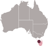 A graphic of the Australian continent with Tasmania shaded and small dot representing Burnie.