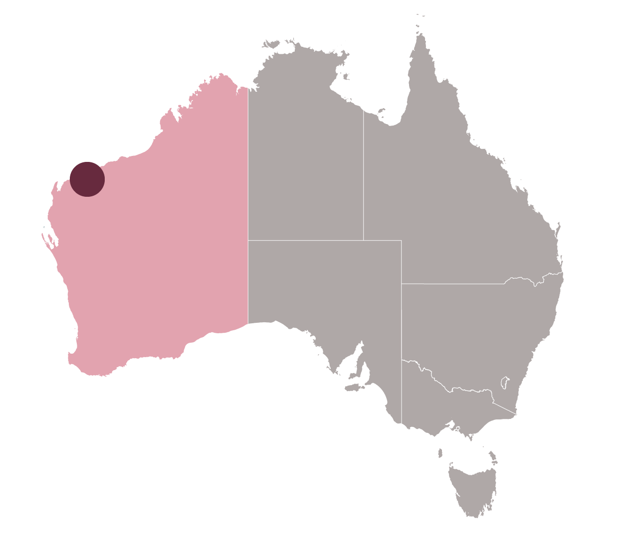 A graphic of the Australian continent with WA state shaded and small dot representing Karratha.