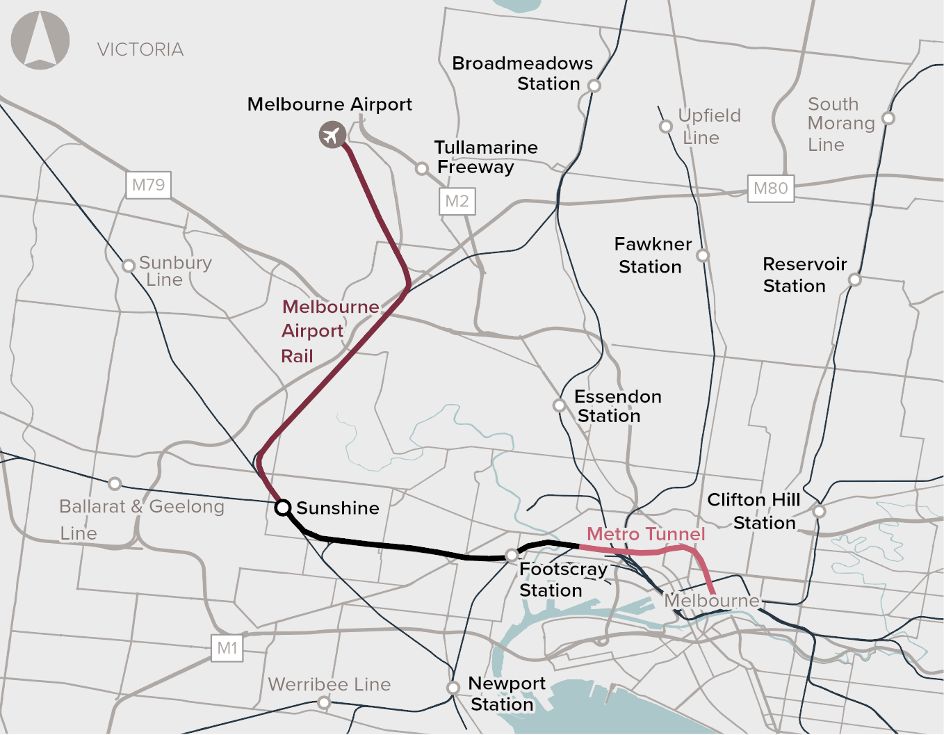A map showing the proposed route of Melbourne airport rail