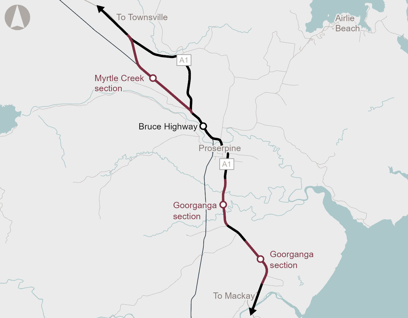 Map of the Bruce Highway Upgrade Project Goorganga and Myrtle Creek Floodplain Upgrade