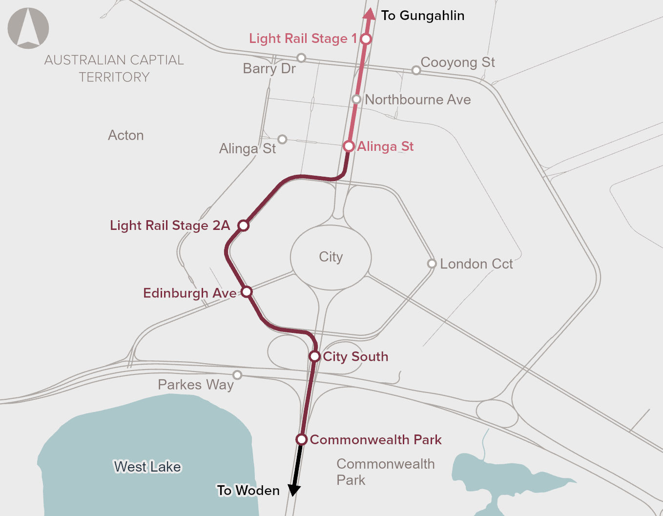 Map of Canberra Light Rail Stage 2A