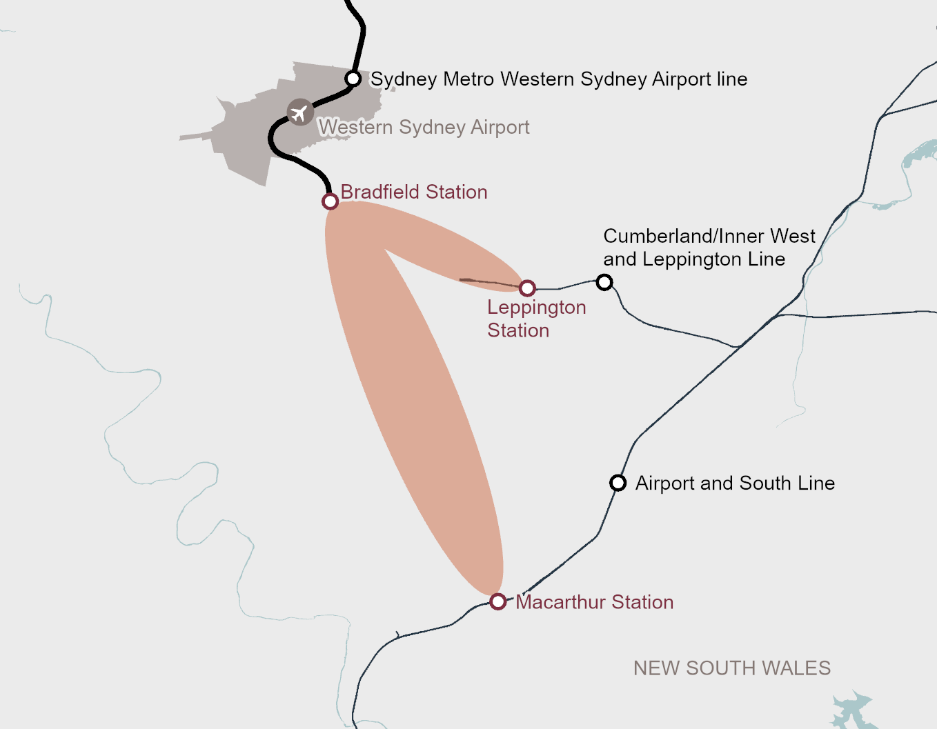 Rail connections from Bradfield to Leppington and Macarthur map