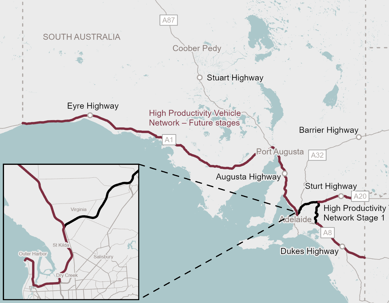 South Australian High Productivity Freight Vehicle Network - Future stages map