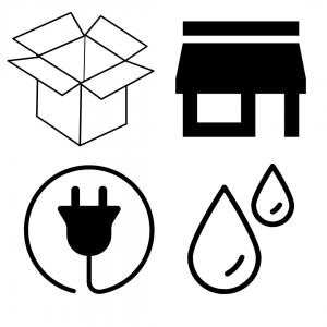 Four icons: a box, a building, an electricity cable, water drops