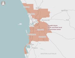 Map of growth areas for Perth and Peel local government areas, displayed in orange