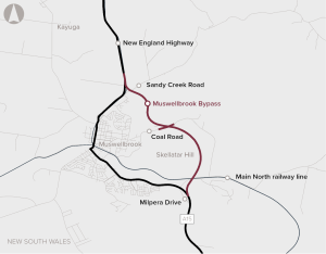 A map showing the Muswellbrook bypass