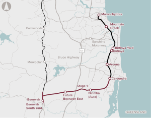 A map showing the direct sunshine coast rail line
