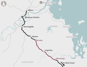 A map showing the location of the Logan and Gold Coast Faster Rail Project