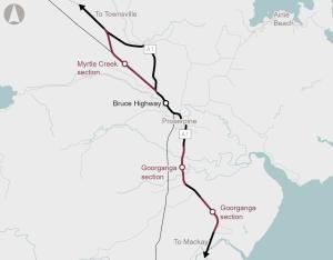 Map of the Bruce Highway Upgrade Project Goorganga and Myrtle Creek Floodplain Upgrade