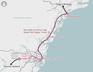 Map of the Newcastle to Sydney High Speed Rail