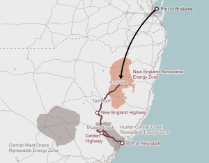 Enabling infrastructure for Renewable Energy Zones (REZ) – Ports of Newcastle-Brisbane to New England REZ map