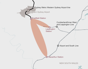 Rail connections from Bradfield to Leppington and Macarthur map